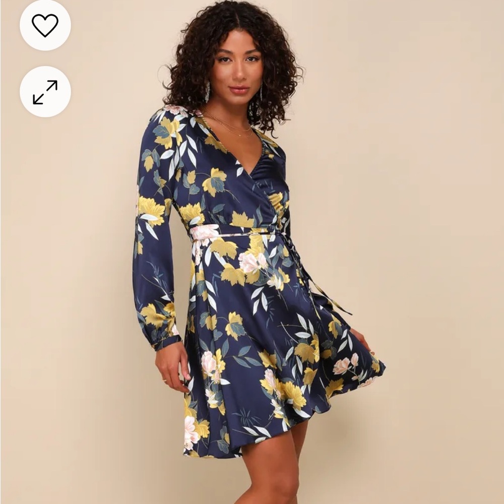 Love is Life Navy Blue Floral Print Satin Wrap Dress